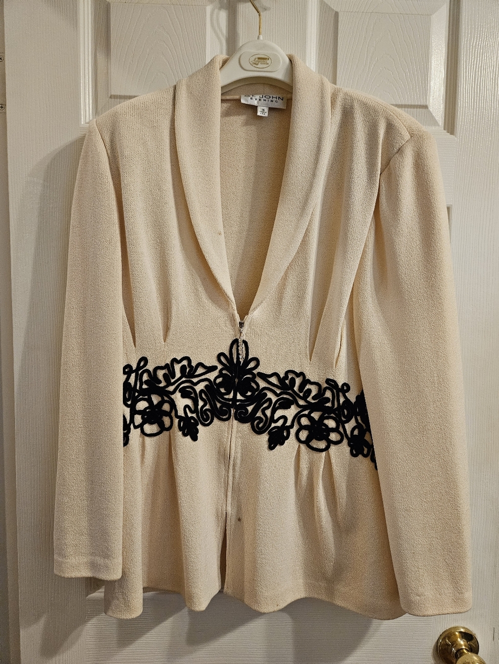 St. John Cream Knit Jacket with Black Embroidered Waist